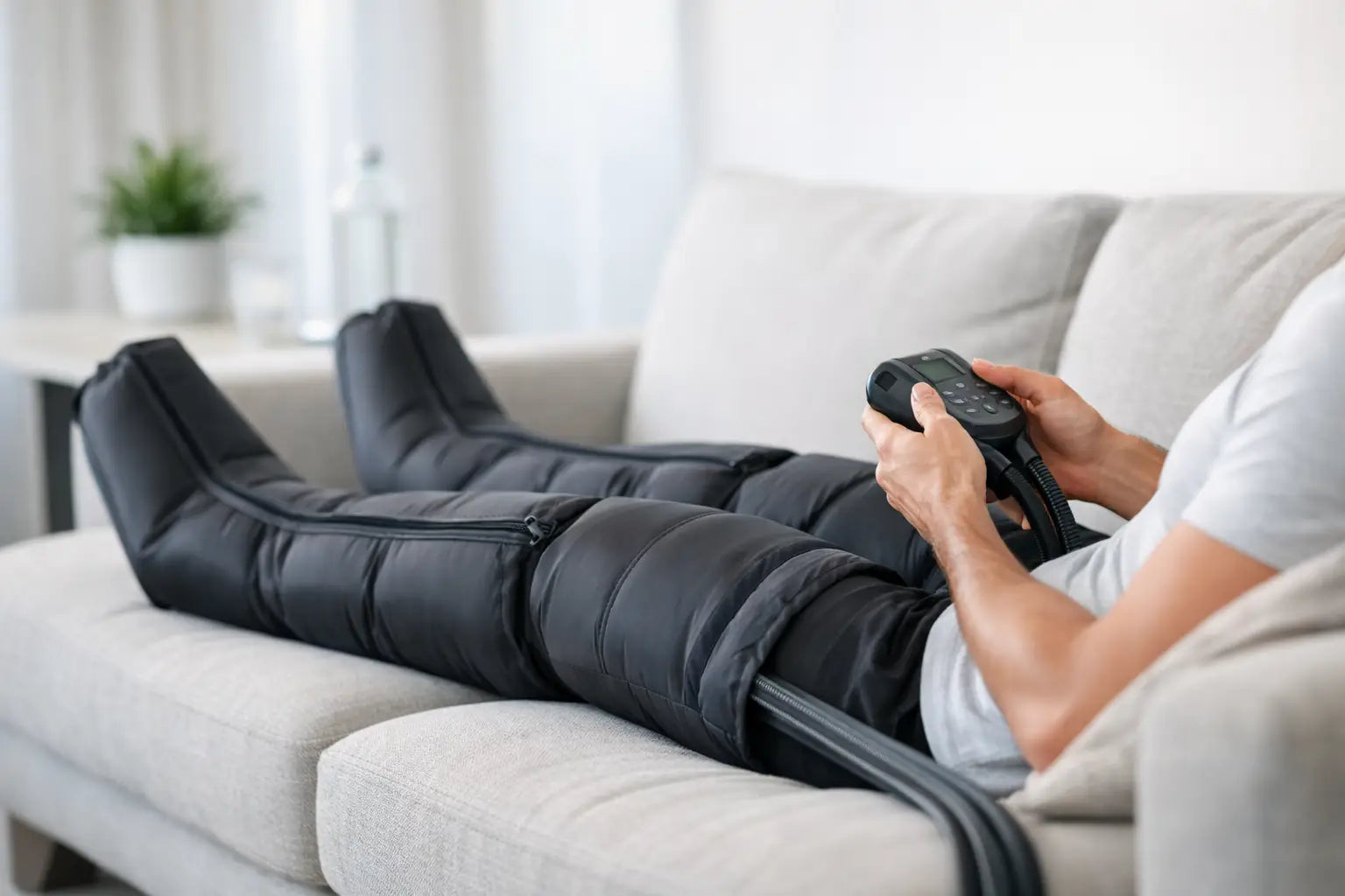Person reclining on a couch using full-leg compression boots for circulation while adjusting the control unit