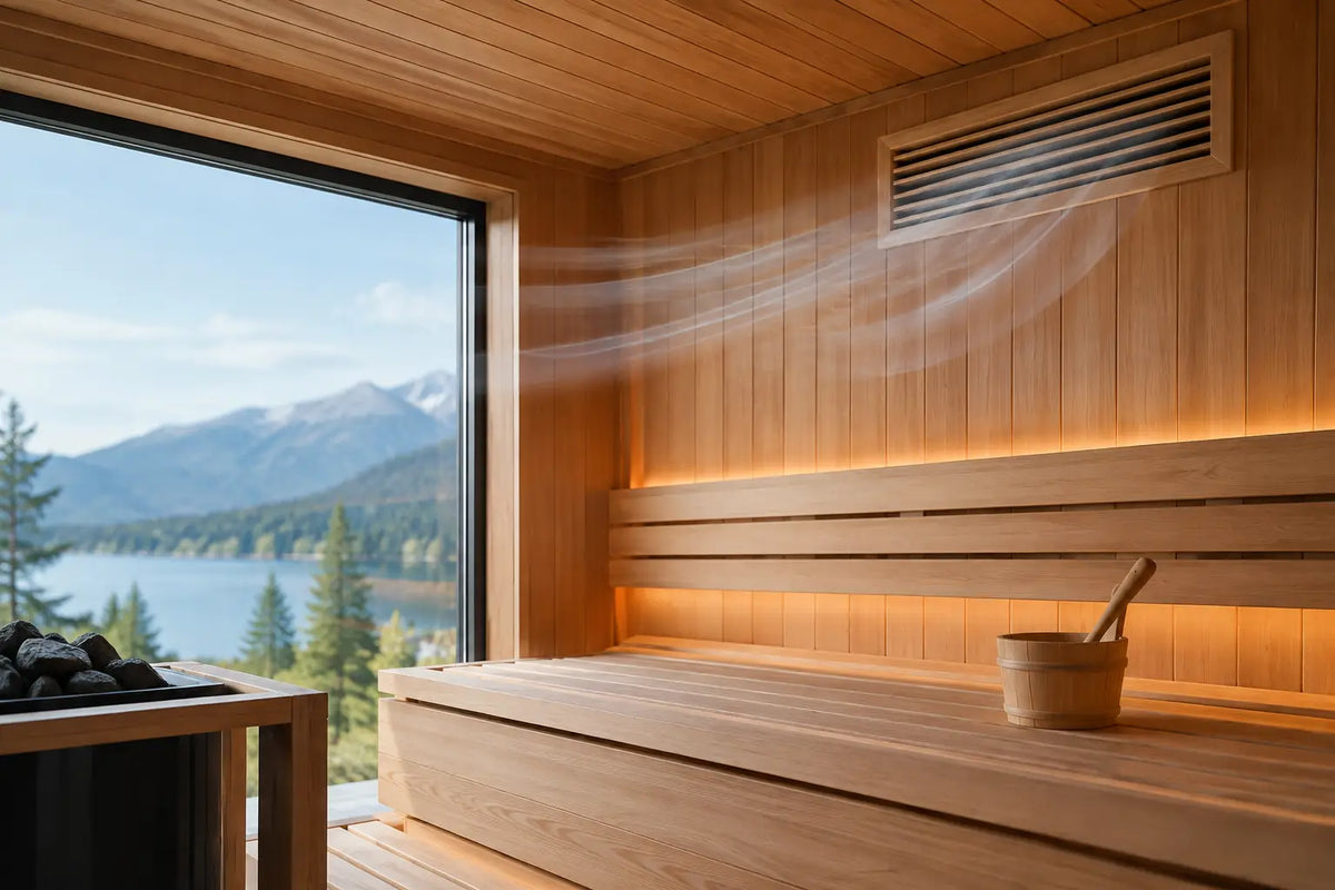 Sauna interior with a wall vent and visible airflow above a bench, heater stones, and a mountain lake view
