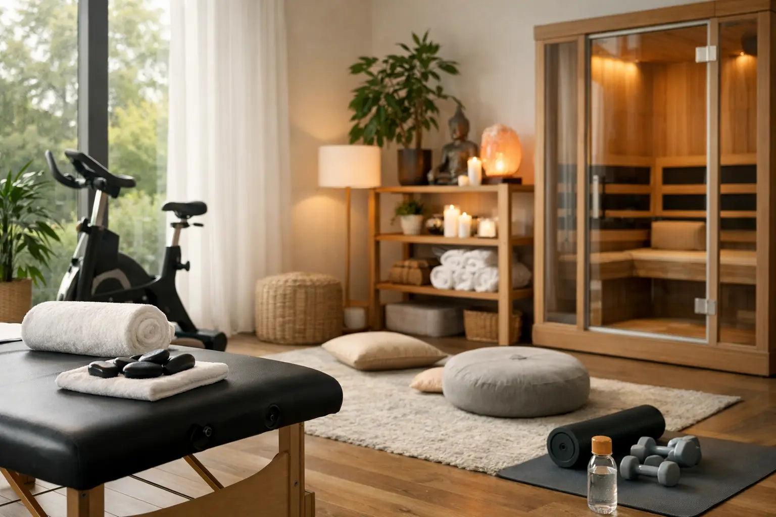 Home wellness room design with an infrared sauna, massage table, meditation cushions, and exercise equipment in a warm neutral-toned space