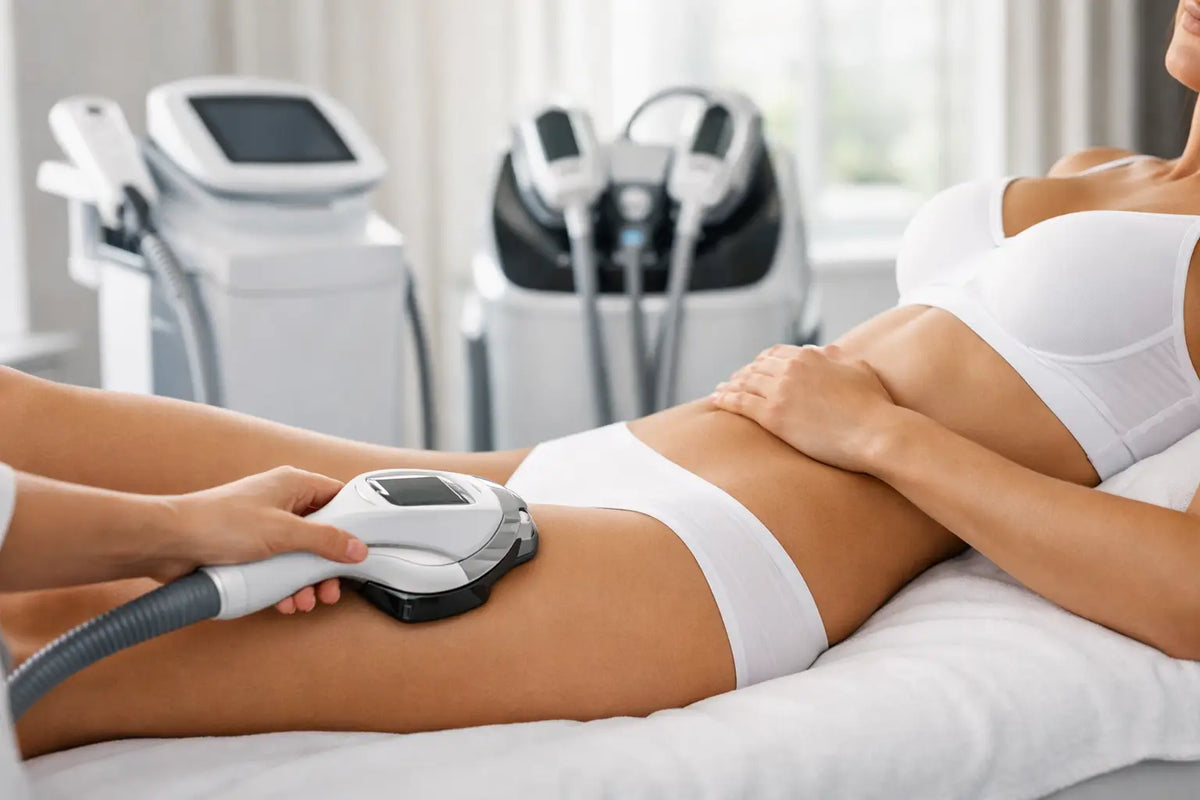 Esthetician using a body contouring device on a client's abdomen in a bright treatment room