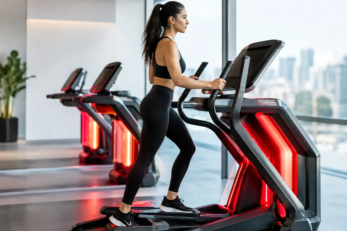 Woman exercising on infrared cardio equipment with red glowing panels in a modern home gym