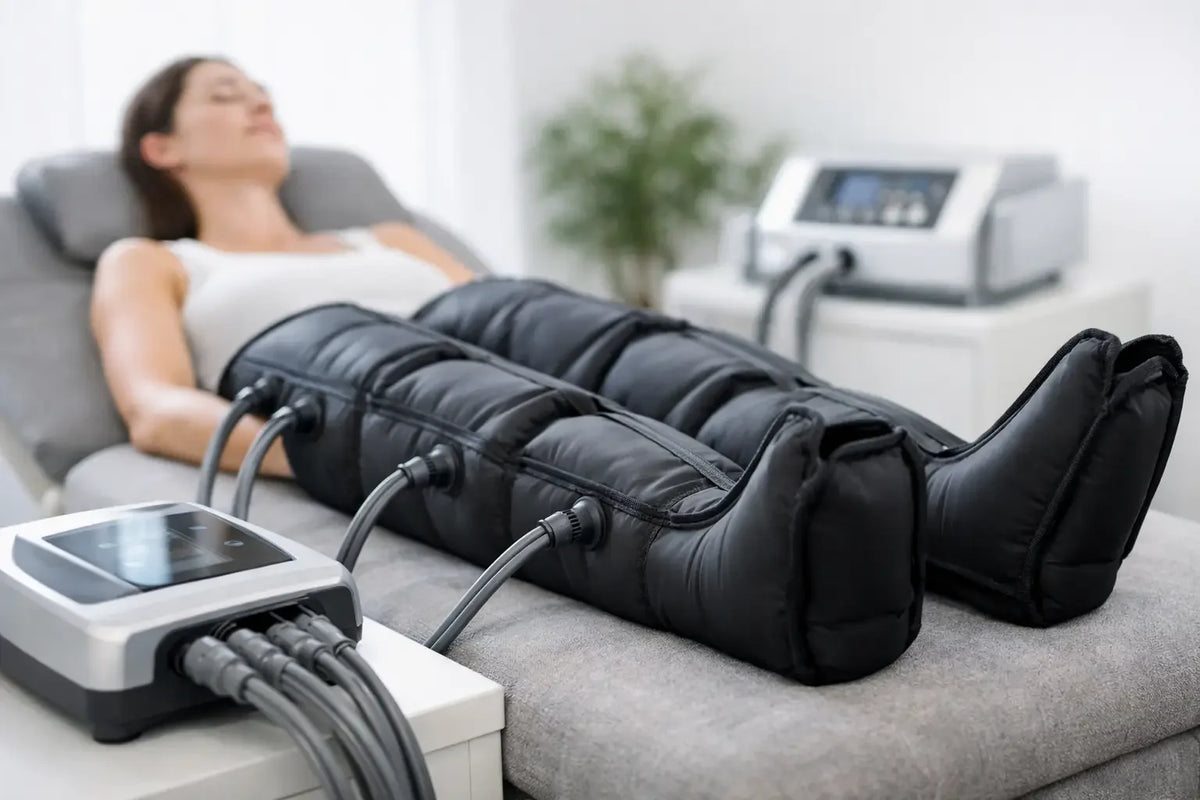 Person relaxing in sequential pneumatic compression boots during a lymphatic drainage recovery session
