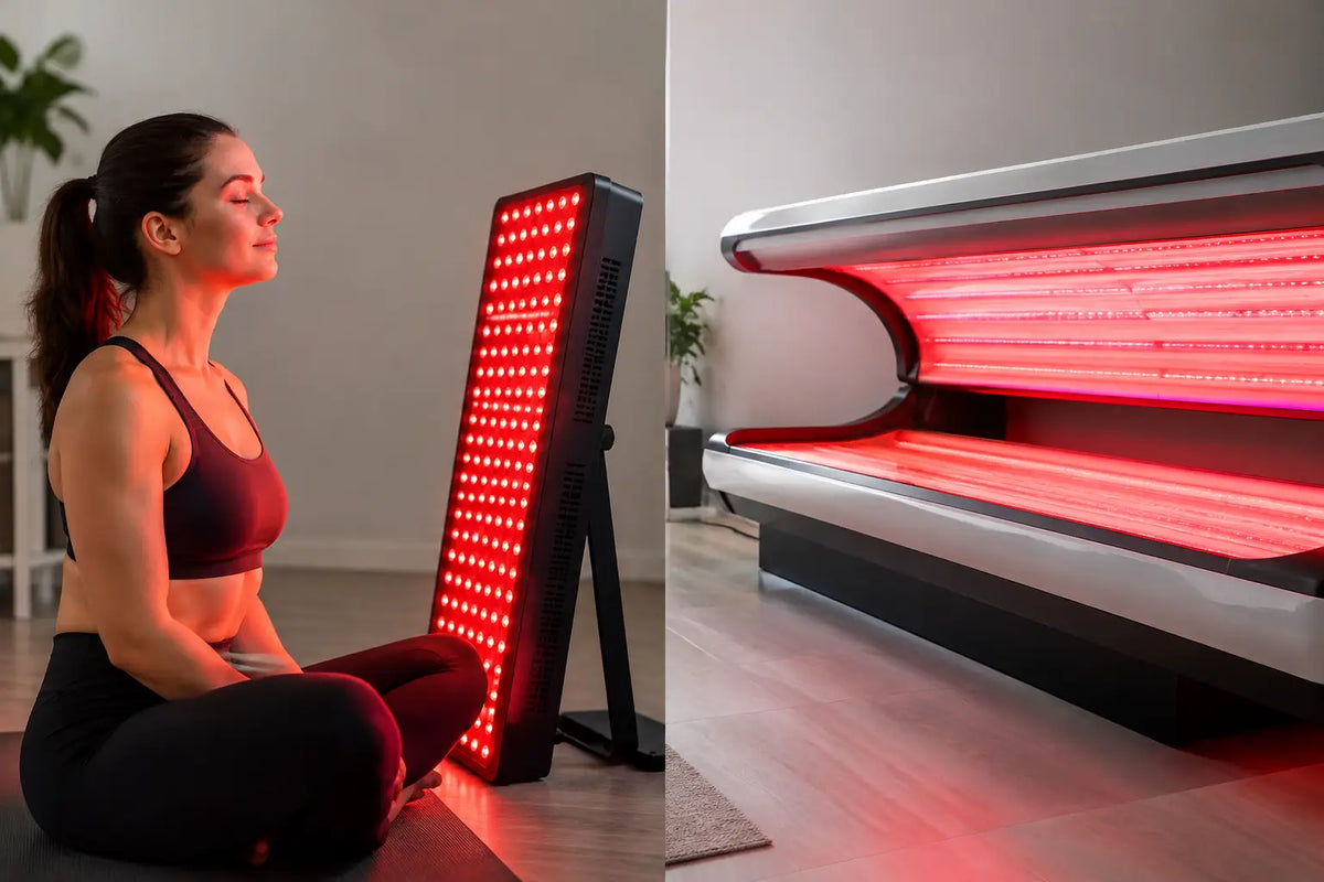 Side-by-side comparison of a red light therapy panel used while seated and a full-length red light therapy bed in a modern room
