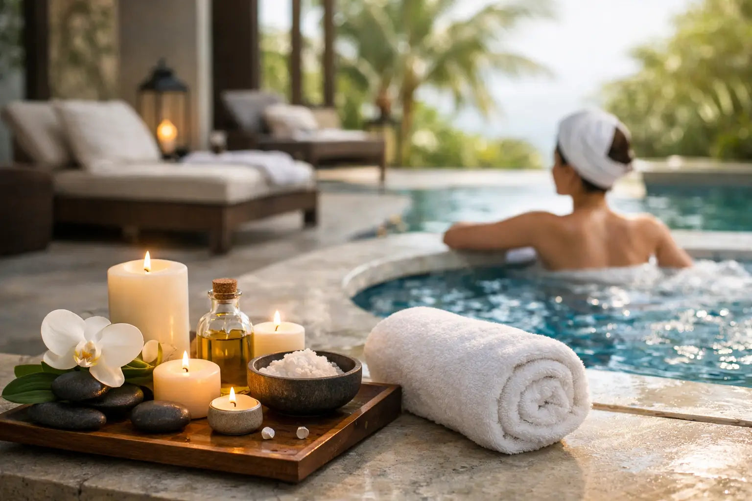 Poolside spa tray with candles, massage stones, and rolled towel beside a guest relaxing in a hotel wellness pool