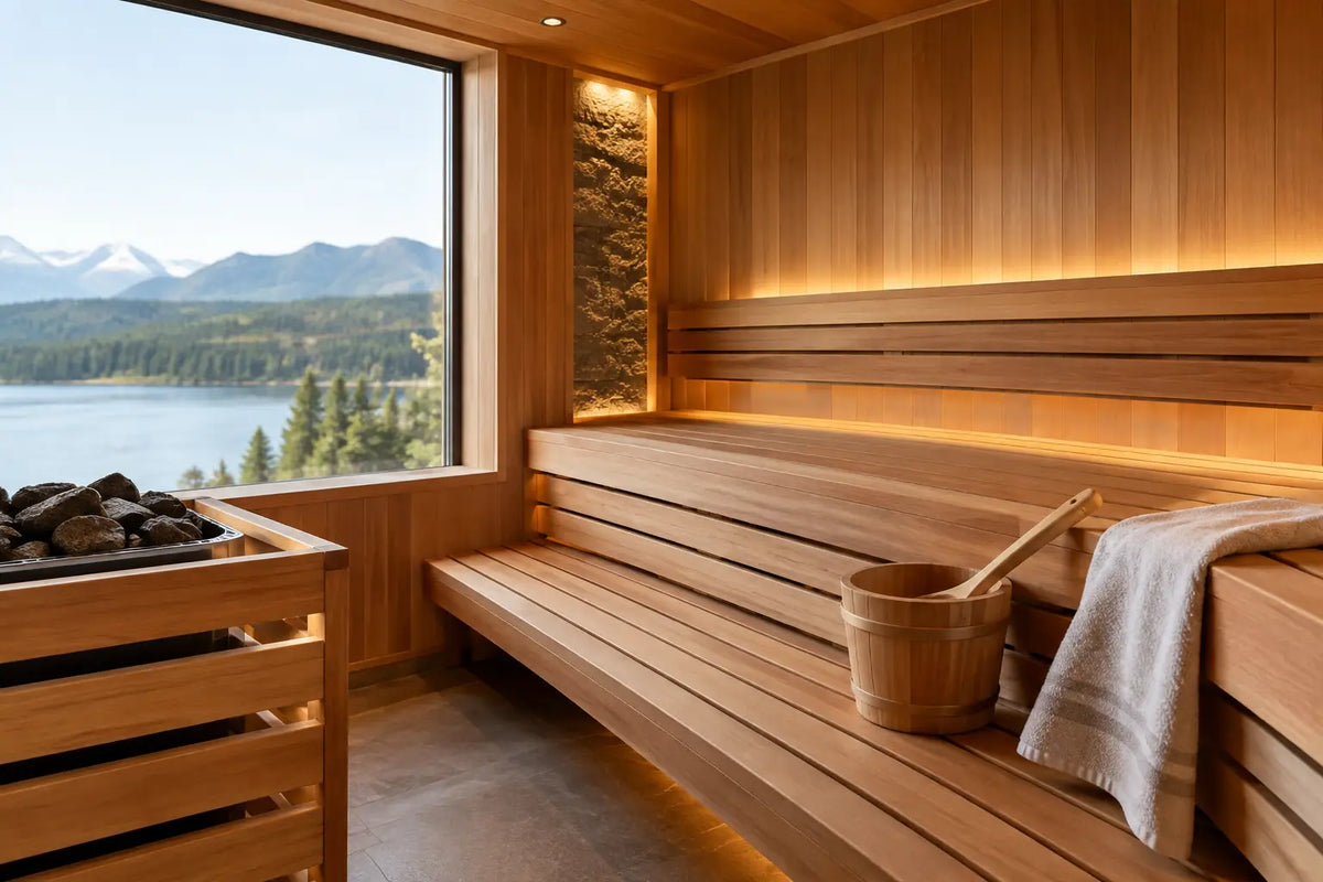 Cedar sauna interior with tiered wood benches and a mountain lake view