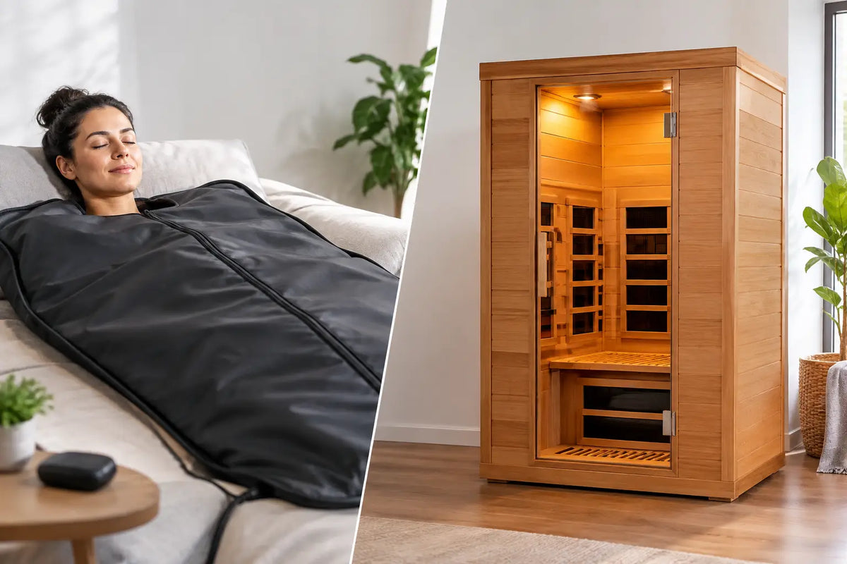 Woman resting under a black sauna blanket beside a wooden infrared sauna cabin in a bright living room