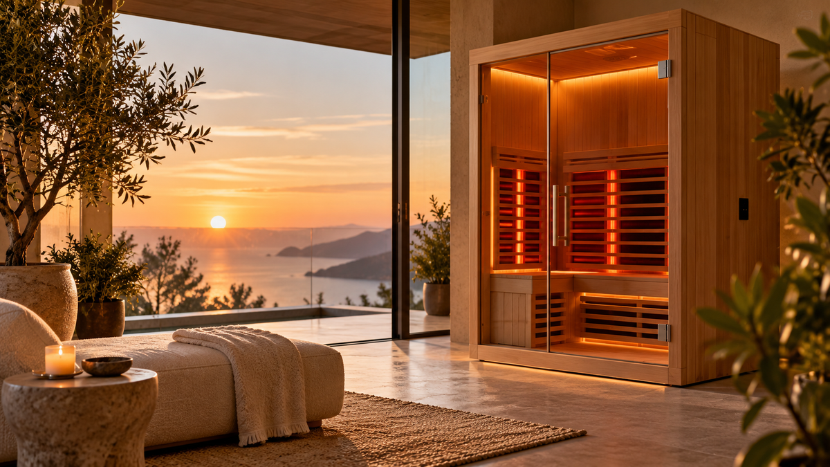 Luxury home infrared sauna with warm red light therapy panels in a modern wellness space overlooking the ocean at sunset.