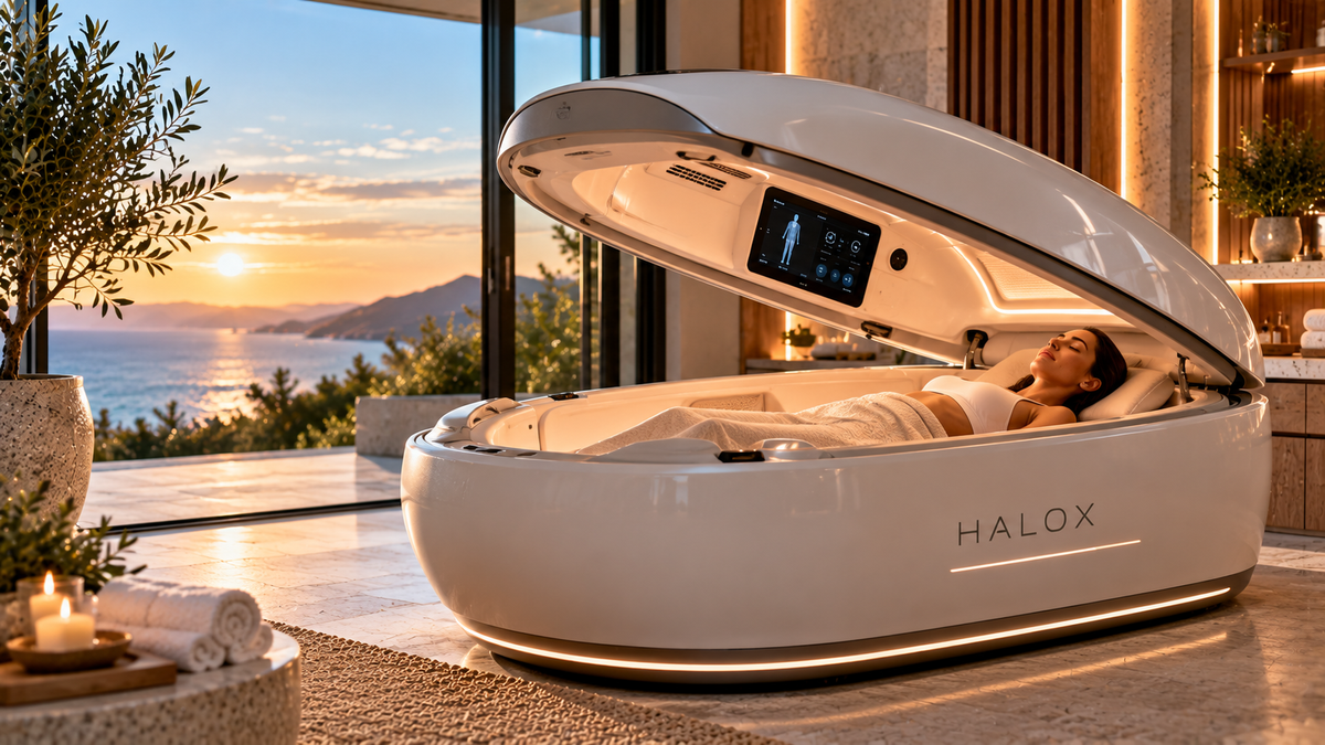 HALOX longevity capsule with glowing red light therapy panels and a woman relaxing inside a futuristic wellness pod in a luxury spa overlooking the ocean at sunset.