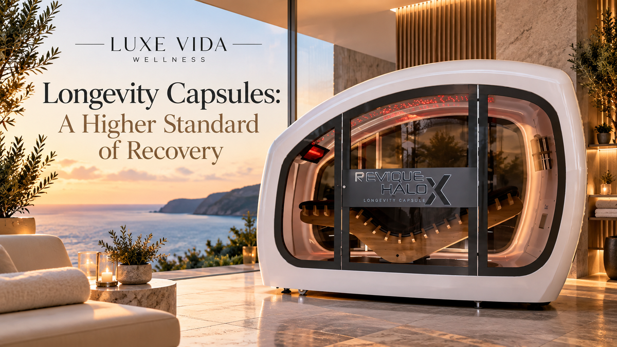 Revique HaloX longevity capsule in a luxury oceanfront wellness suite at sunset