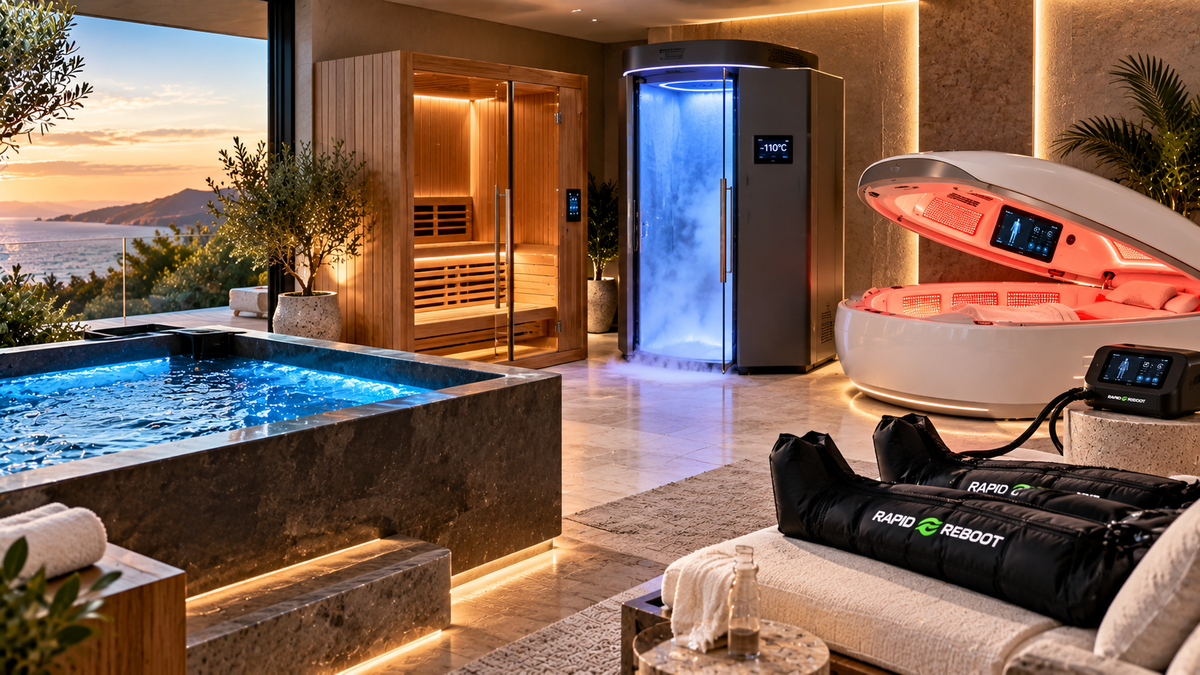 Luxury wellness recovery room featuring a cold plunge tub, infrared sauna, cryotherapy chamber, red light therapy pod, and compression boots for commercial contrast therapy and athletic recovery.