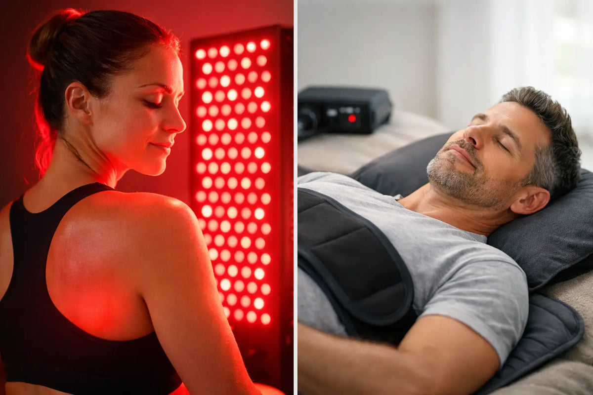 Woman using a red light therapy panel next to a man using a PEMF mat for recovery