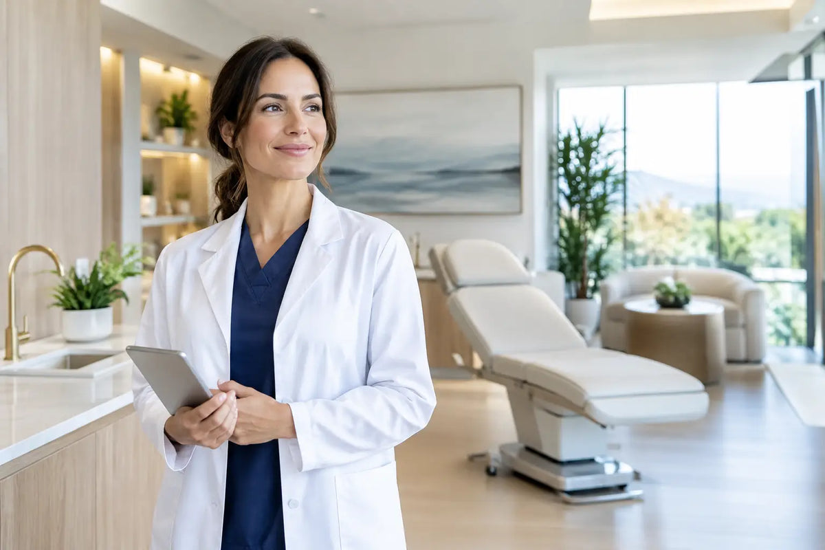 A physician holds a tablet in a light-filled longevity clinic with natural materials, greenery, and a recovery treatment chair