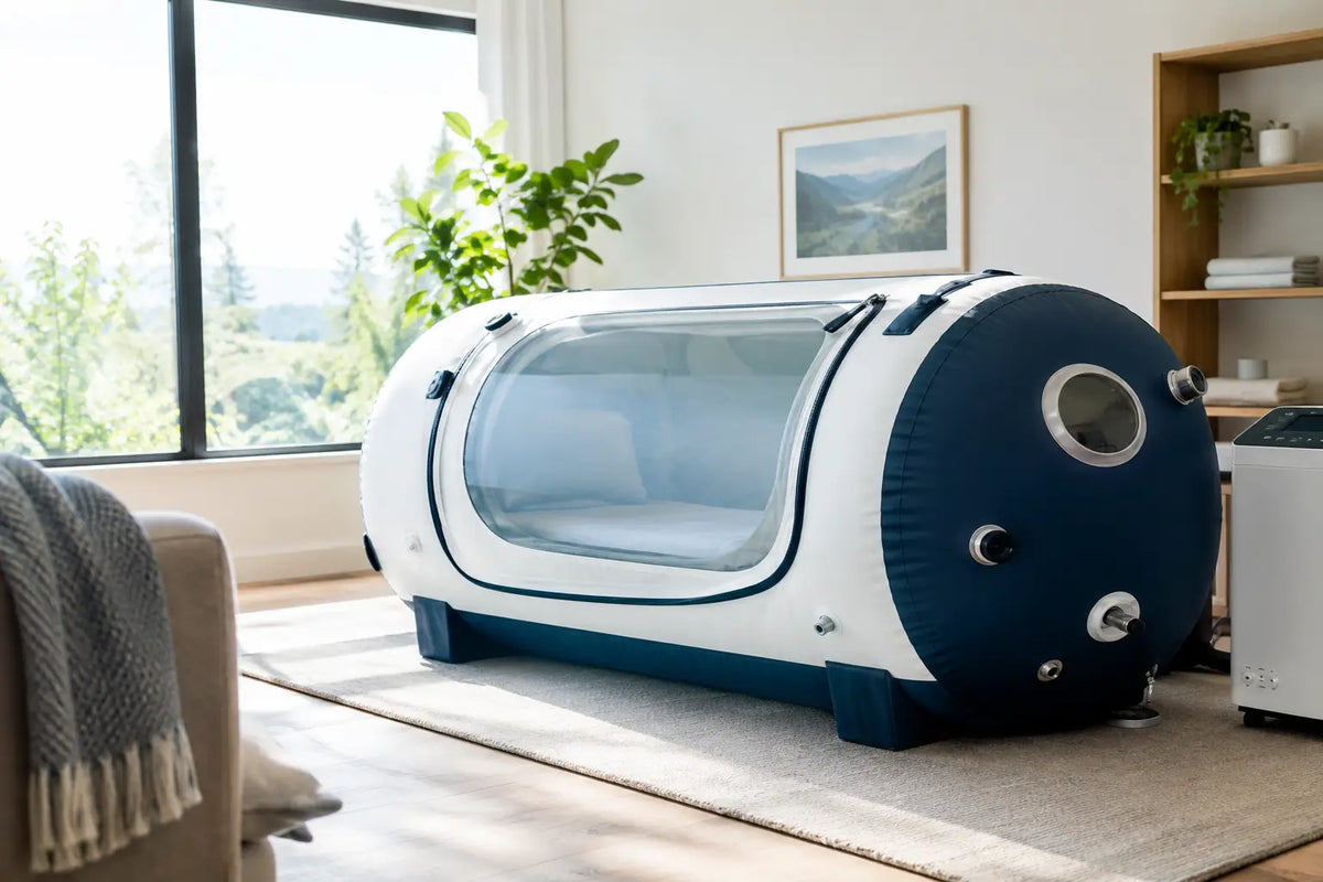 Soft-shell hyperbaric chamber with transparent viewing window and external control unit in a bright, modern home wellness room designed for private recovery.