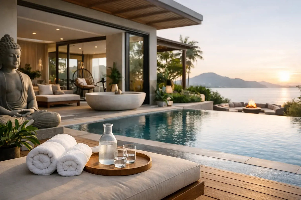 Outdoor soaking tub and infinity pool overlooking the ocean at sunset, with a fire pit lounge area — a private wellness retreat in a luxury home