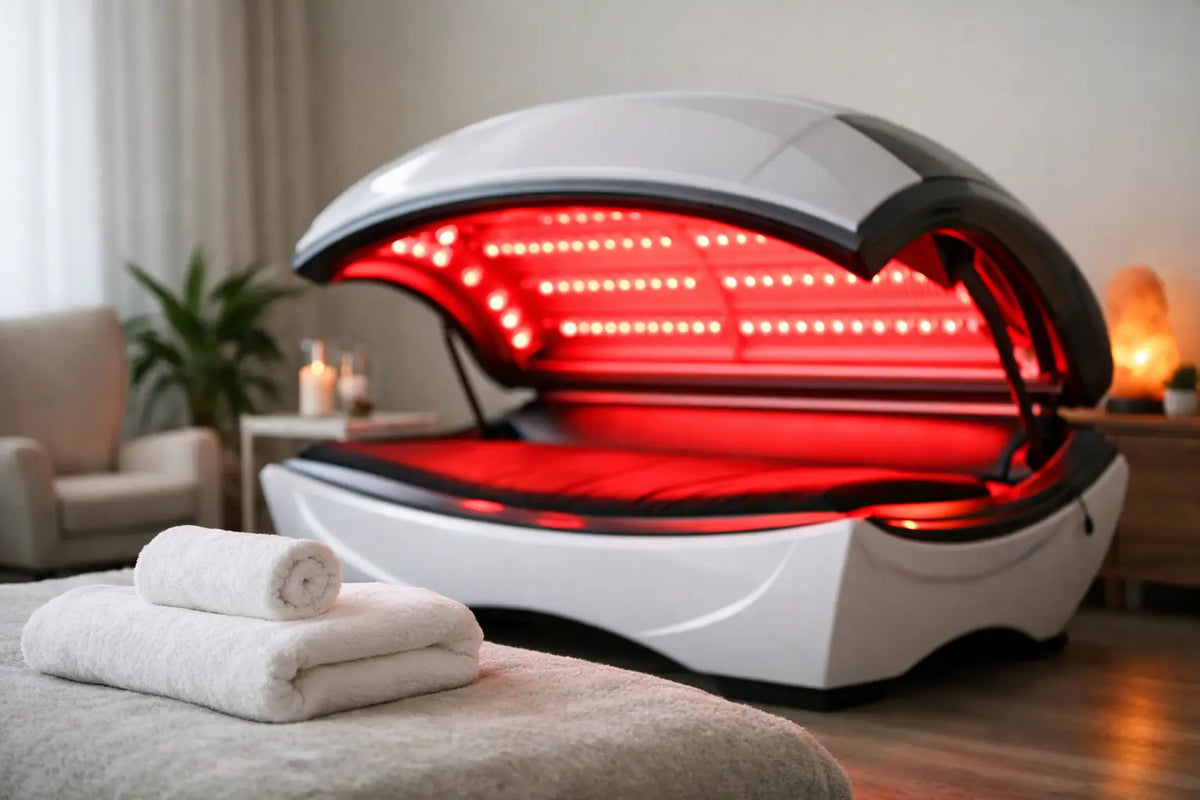 Open red light therapy bed glowing red inside a home wellness room with towels and ambient lighting