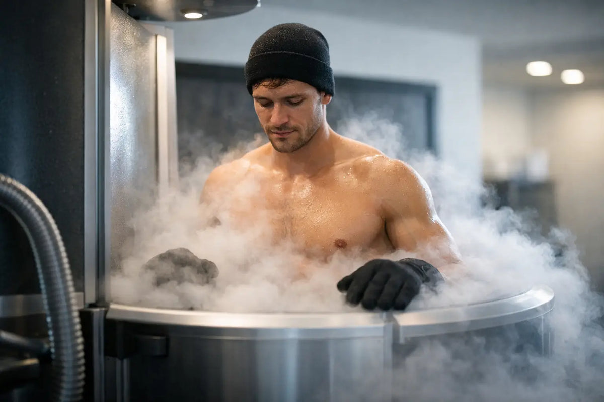 Man using a whole body cryotherapy chamber with cold vapor surrounding his shoulders and chest