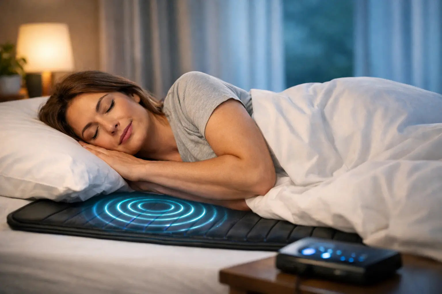 Woman sleeping peacefully with a PEMF therapy mat emitting pulsed electromagnetic waves beneath her