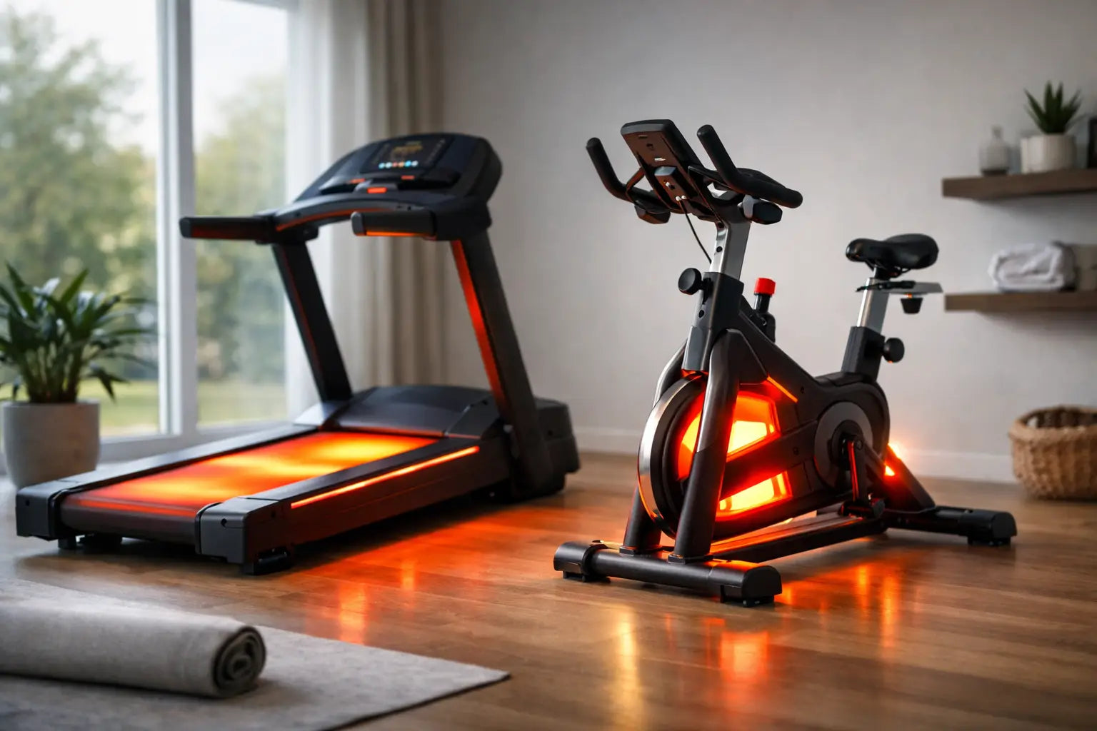 Infrared treadmill and bike glowing red in a home cardio room