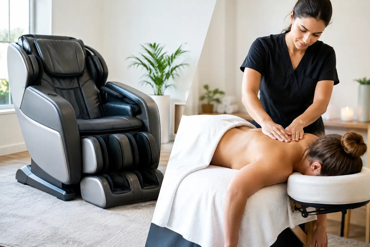 Split image comparing an at-home massage chair with a professional massage therapist giving a back massage on a treatment table