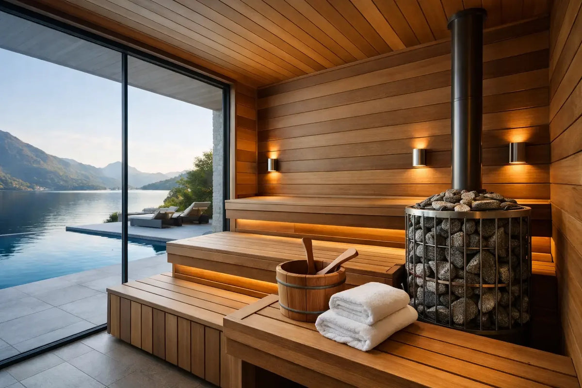 Cedar sauna interior with tiered wood benches, a stone-covered heater, and a floor-to-ceiling window overlooking a lake, mountains, and infinity pool