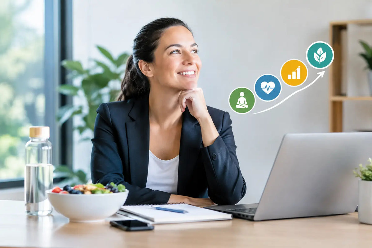 Smiling professional at a desk with a laptop and healthy meal, with rising icons for wellness, health and growth showing the return on a wellness investment