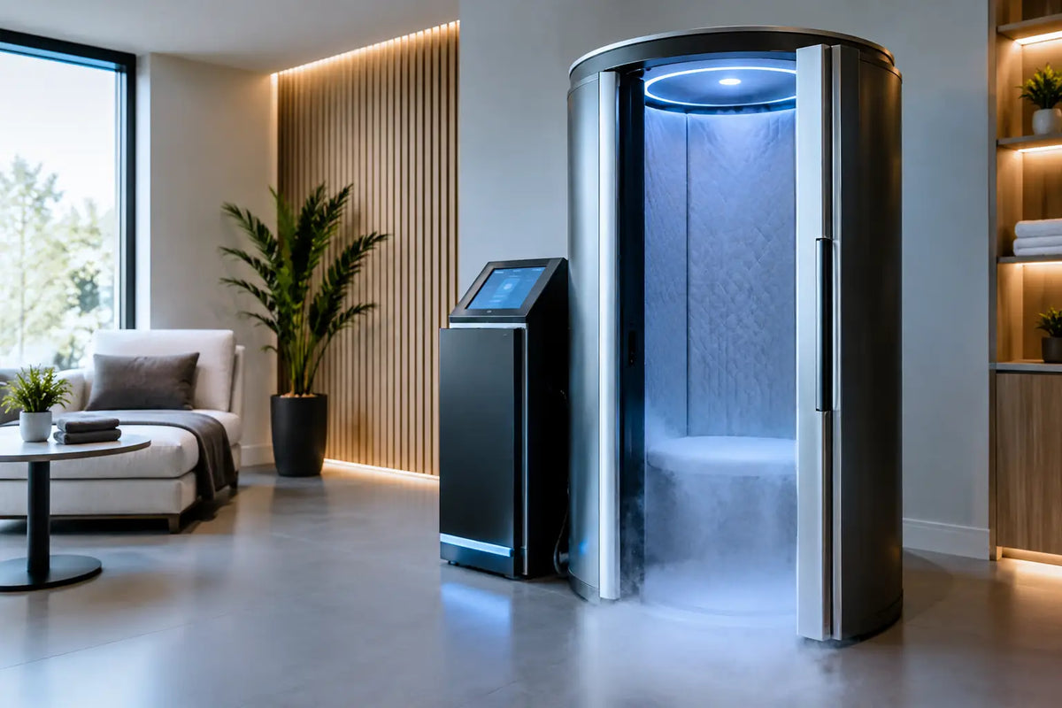 Whole body cryotherapy chamber with open door and control kiosk installed in a modern home wellness room
