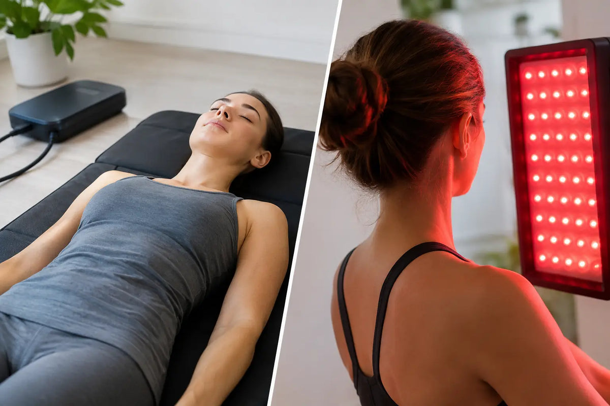 Woman using a PEMF recovery mat beside a woman receiving red light therapy from a panel