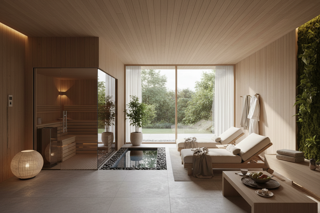 Luxury home wellness suite with a glass-enclosed sauna, plunge pool, and lounge chairs opening to a garden view
