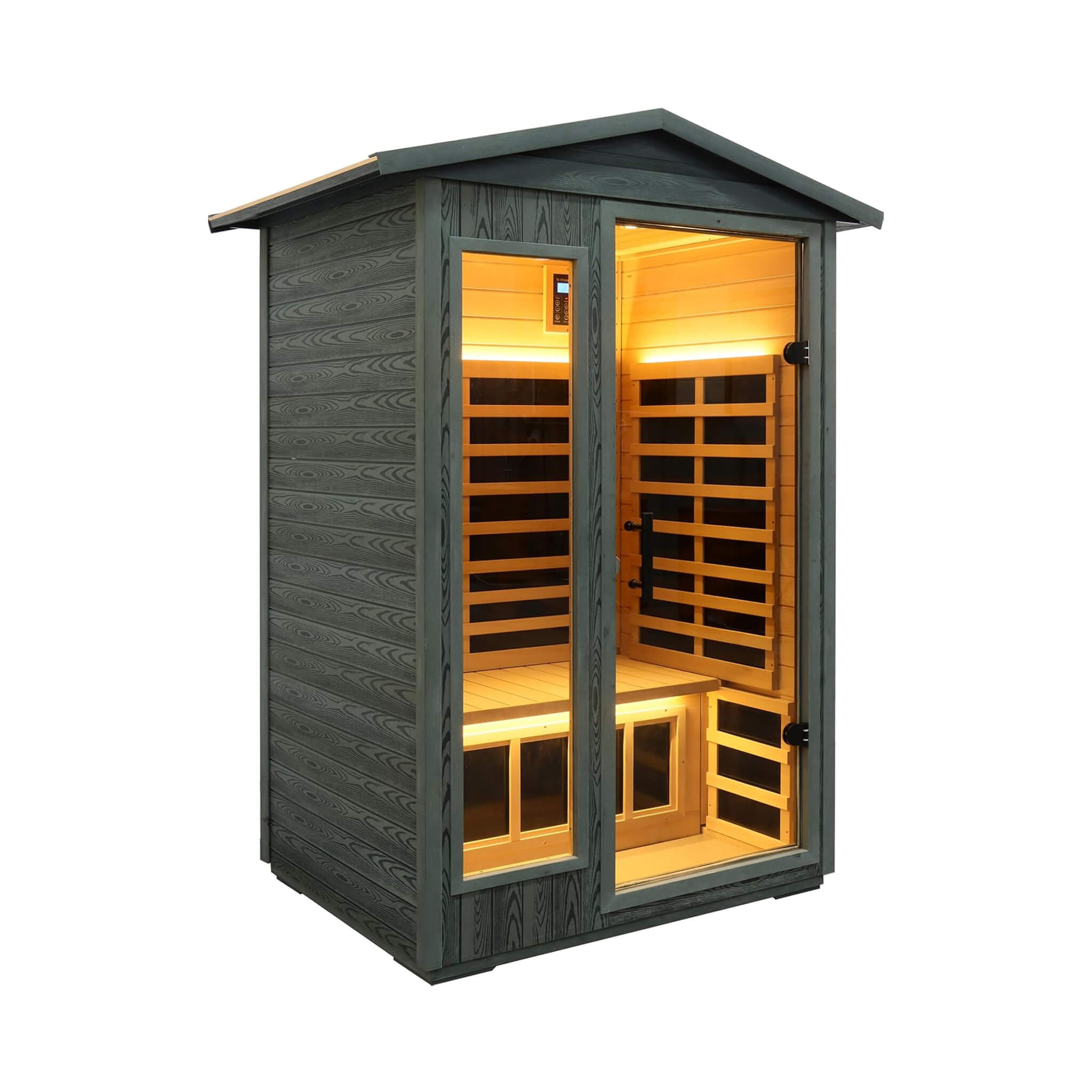 Thermora Riva Premium 2-Person Black Carbonized Walnut Low EMF Far Infrared Outdoor Sauna With Bluetooth Audio And LED Lighting