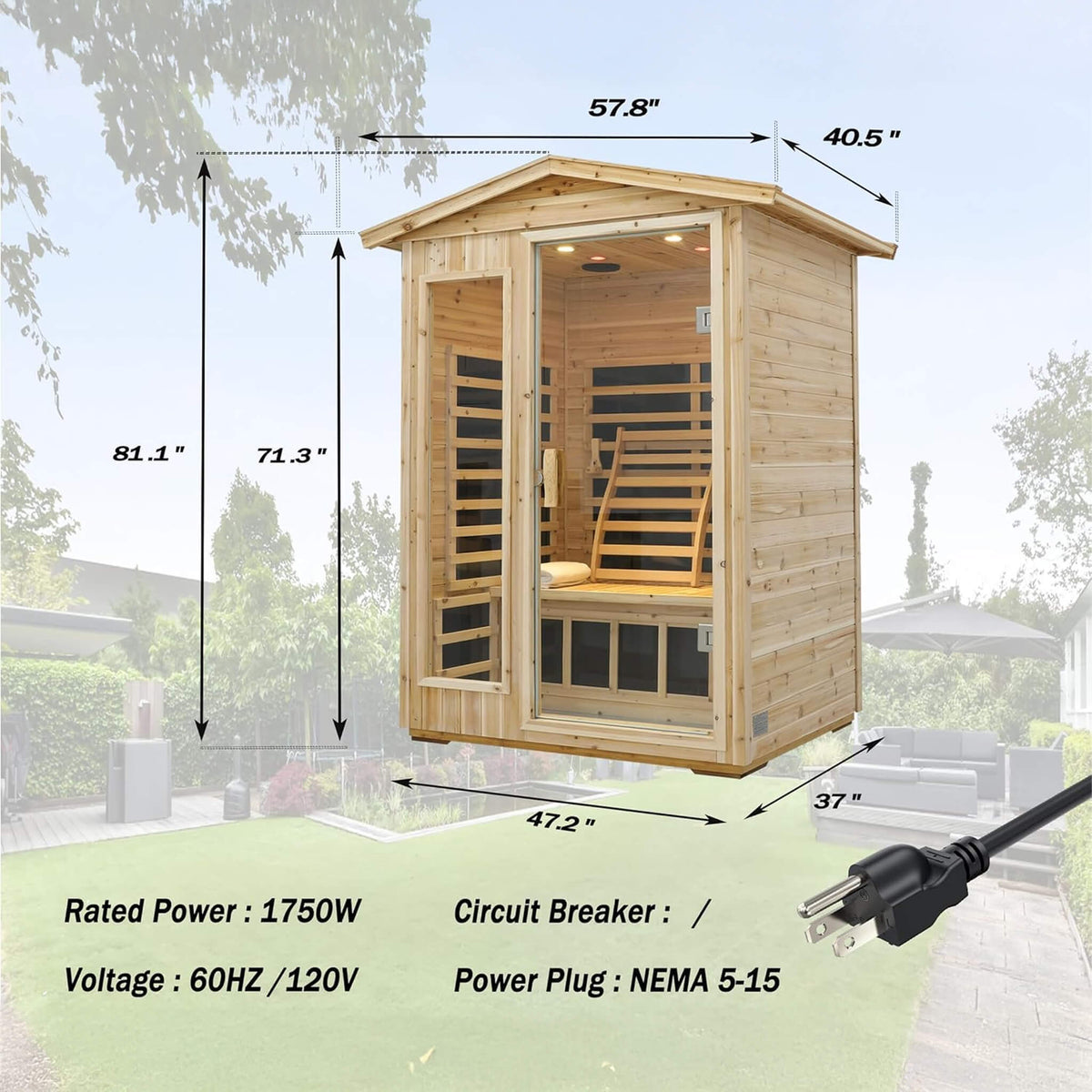 Thermora Vexa Luxury 2-Person Outdoor Low EMF Hemlock Infrared Sauna With Bluetooth And Chromotherapy Light