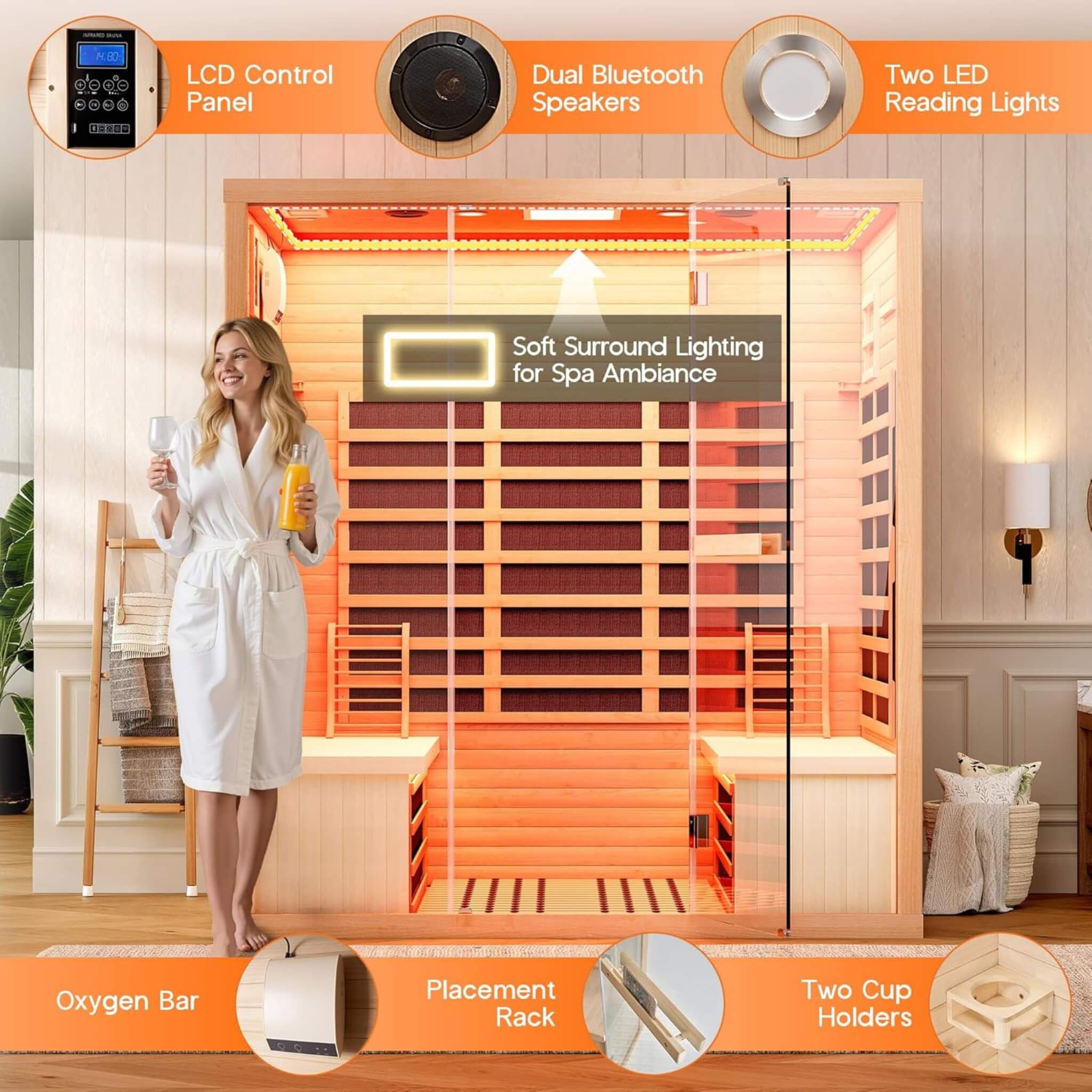 Thermora Seville 4-Person Low EMF Canadian Hemlock Infrared Sauna With Bluetooth