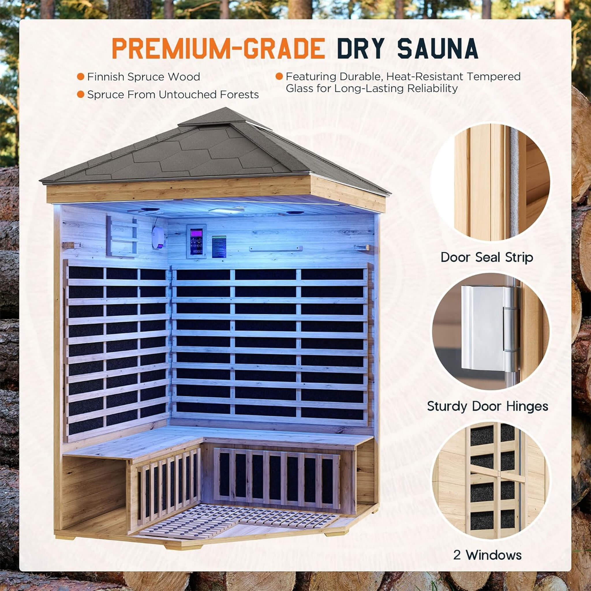 Thermora Monaco 4-Person Low EMF Spruce Wood Outdoor Infrared Sauna With Bluetooth Speakers And LED Lights