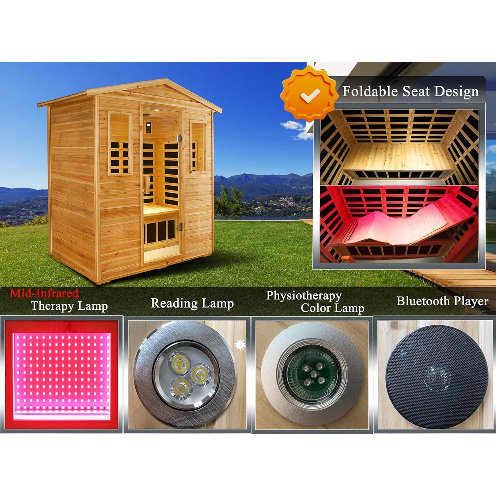 Thermora Kora Deluxe 3-Person Outdoor Full Spectrum Low EMF Infrared Home Sauna With Bluetooth Speakers And LED Reading Light