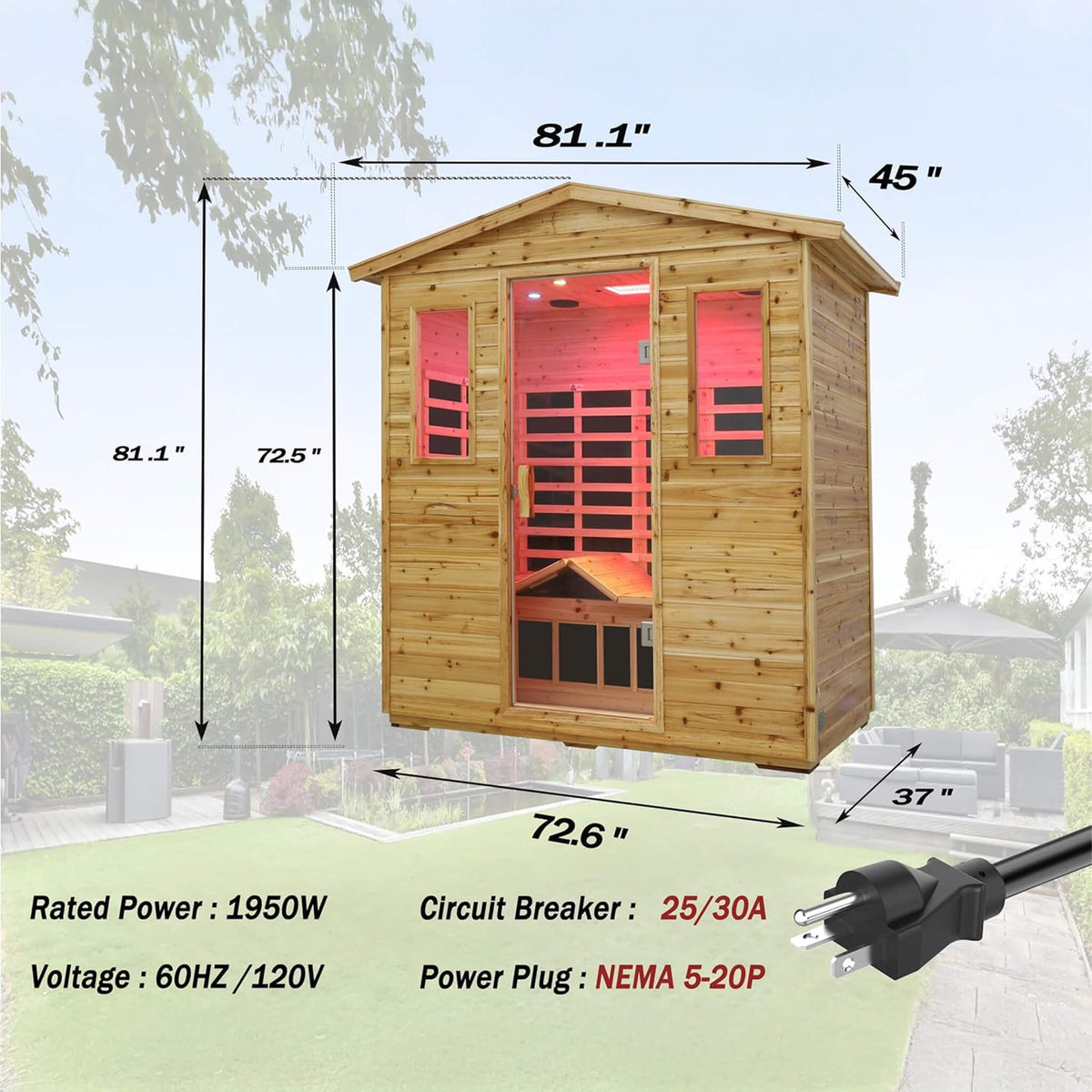 Thermora Kora Deluxe 3-Person Outdoor Full Spectrum Low EMF Infrared Home Sauna With Bluetooth Speakers And LED Reading Light