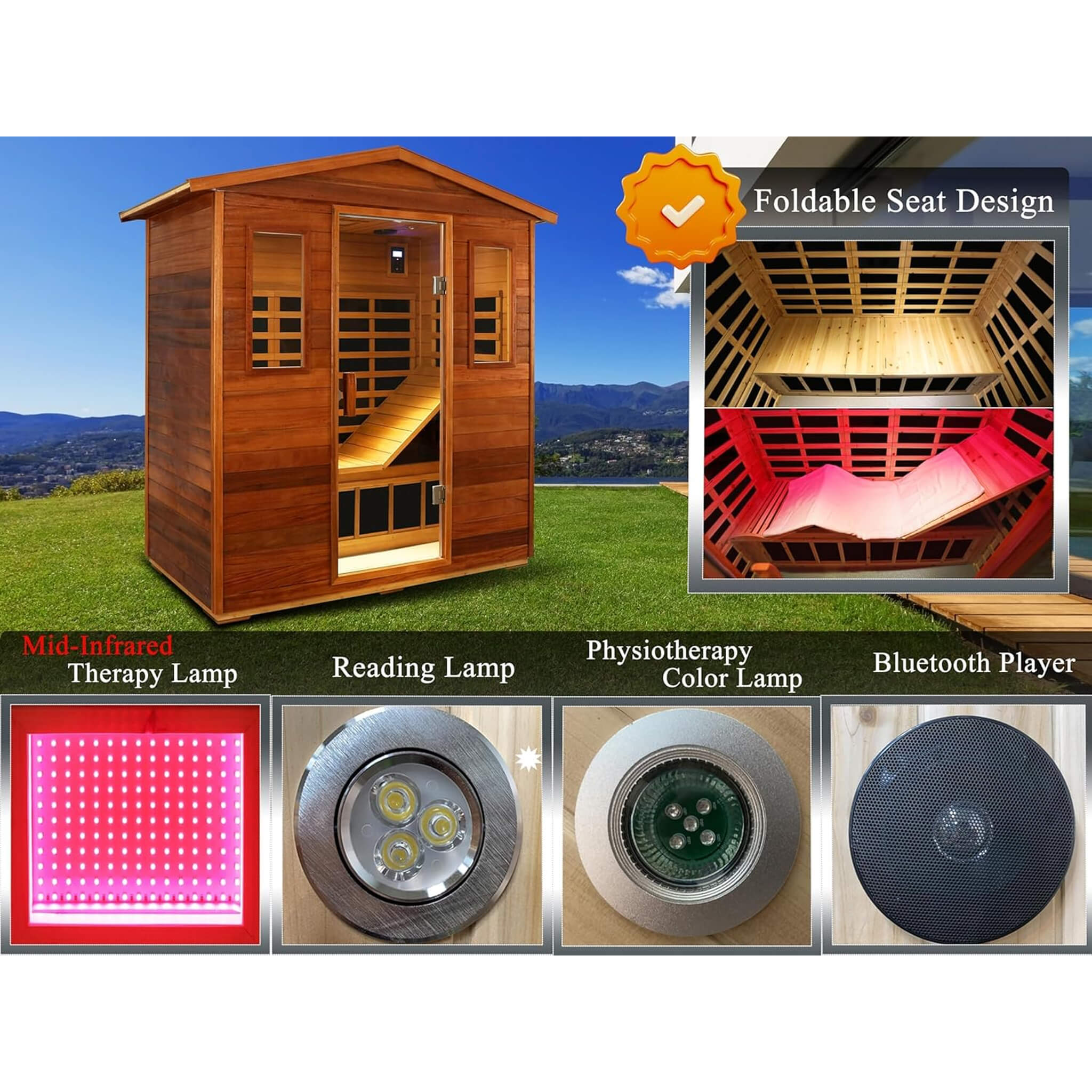 Thermora Vanta Luxury 3-Person Outdoor Mahogany Full Spectrum Ultra-Low EMF FAR Infrared Sauna With Chromotherapy And Bluetooth Speakers