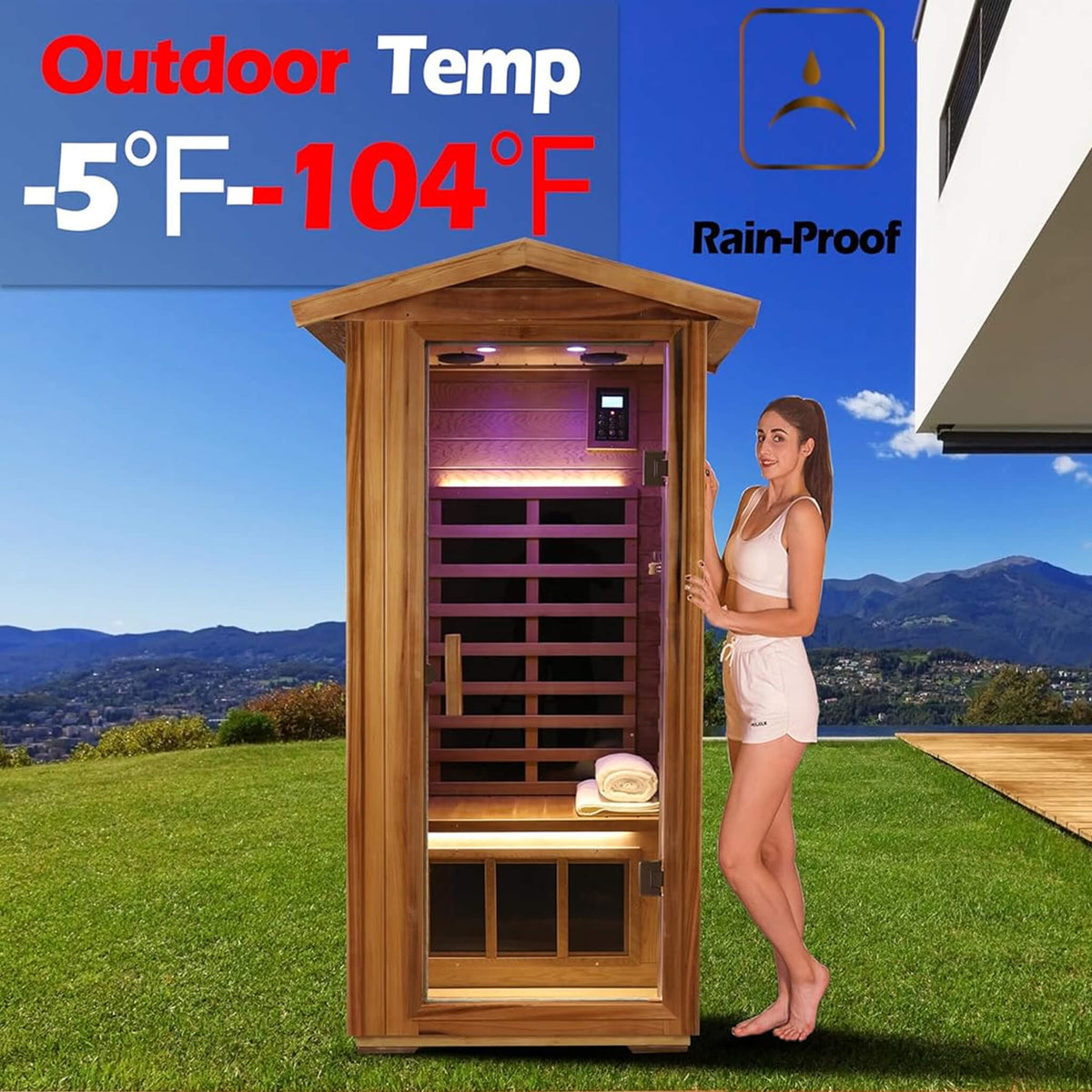 Thermora Xyra Premium 1-Person Outdoor Red Cedar Infrared Sauna With Low EMF, Chromotherapy And Bluetooth