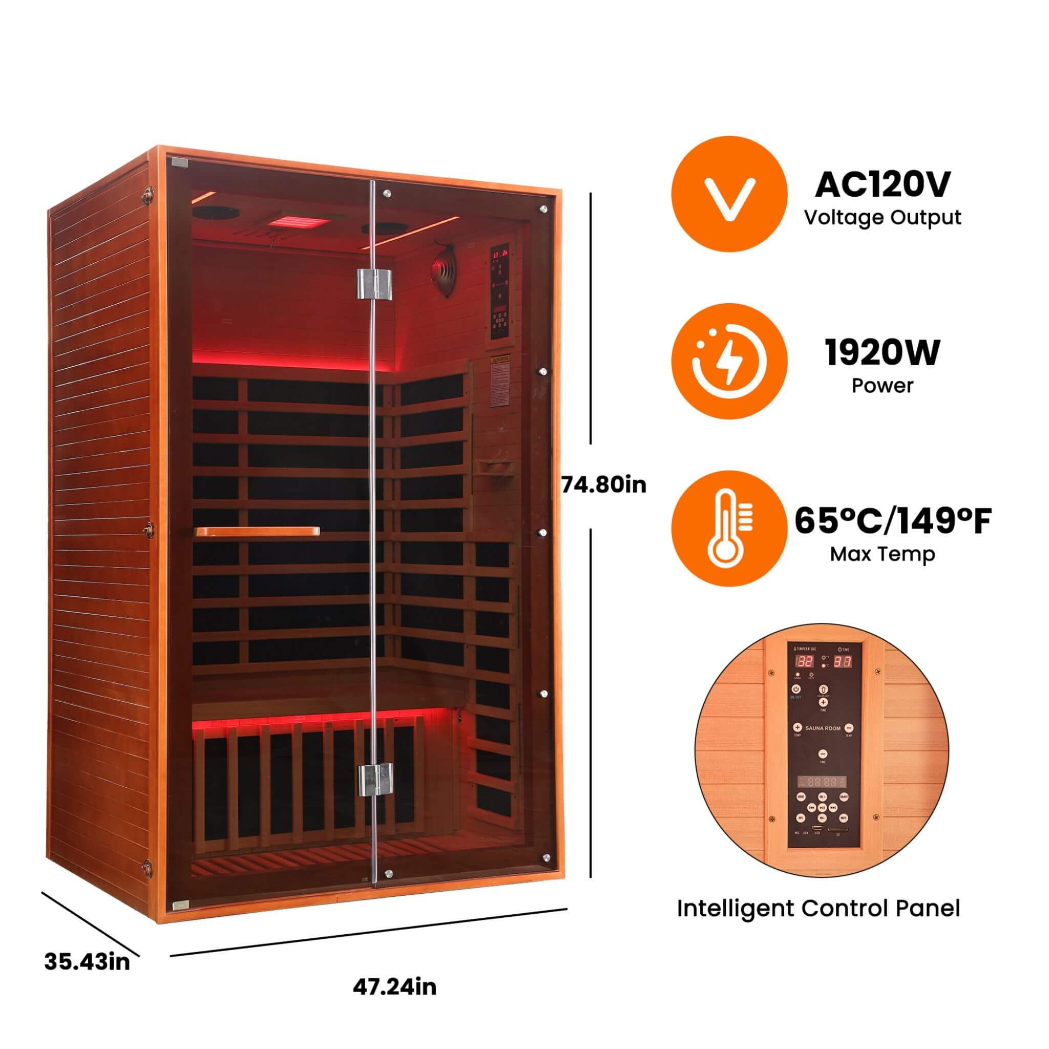 Thermora Fontaine 2-Person Luxury Canadian Hemlock Infrared Sauna With Glass Front