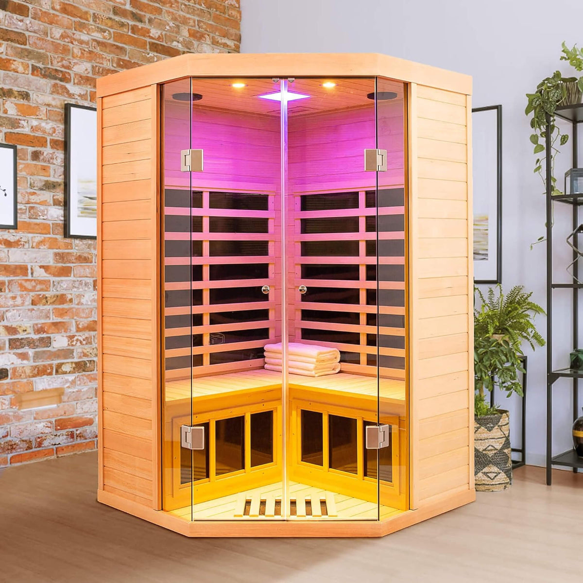 Thermora Laurent Premium 2-Person 1600W Corner Space Infrared Wooden Sauna Room With Bluetooth Speakers