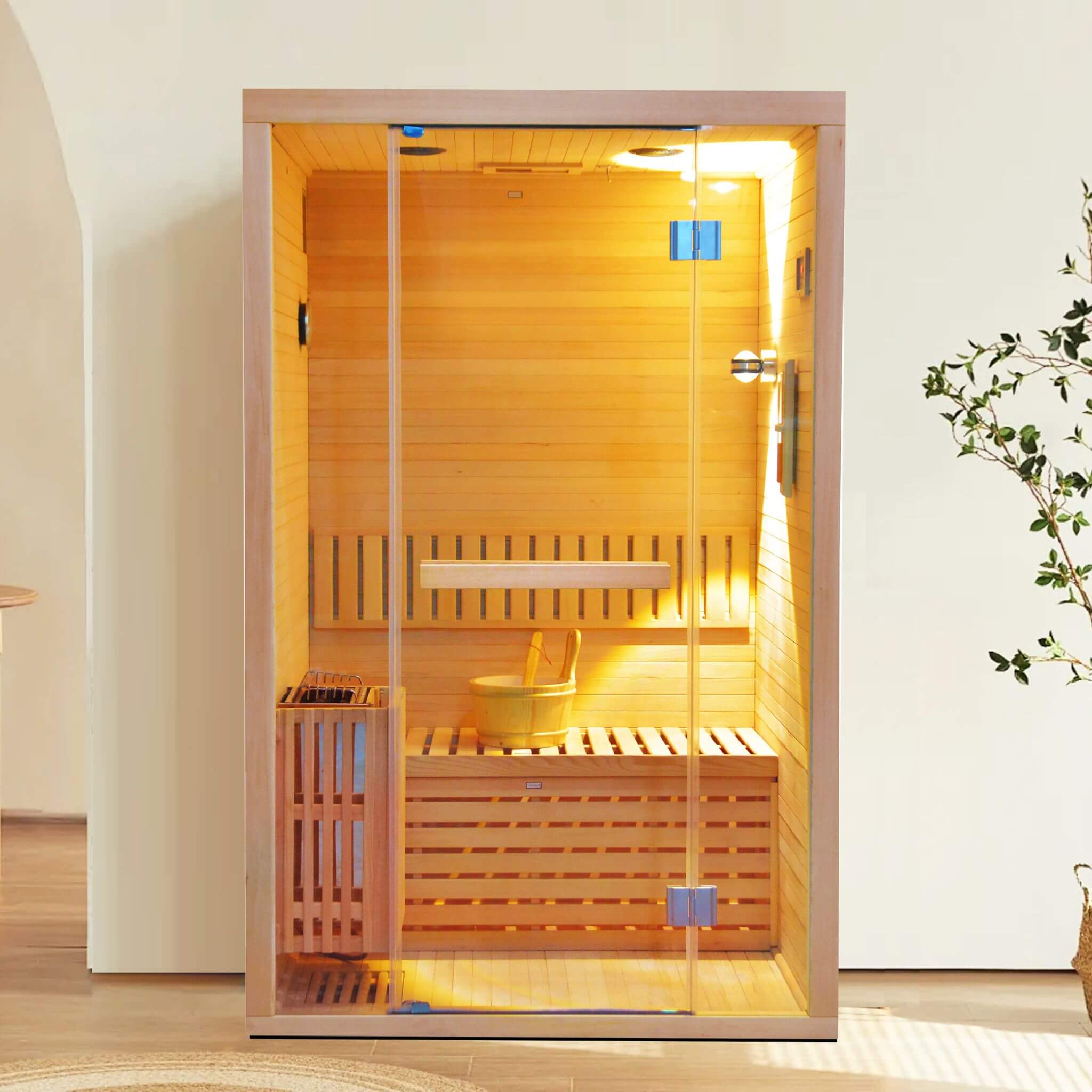 Thermora Alpine Premium 2-Person 3KW Hemlock Wood Sauna With LED Wall Light