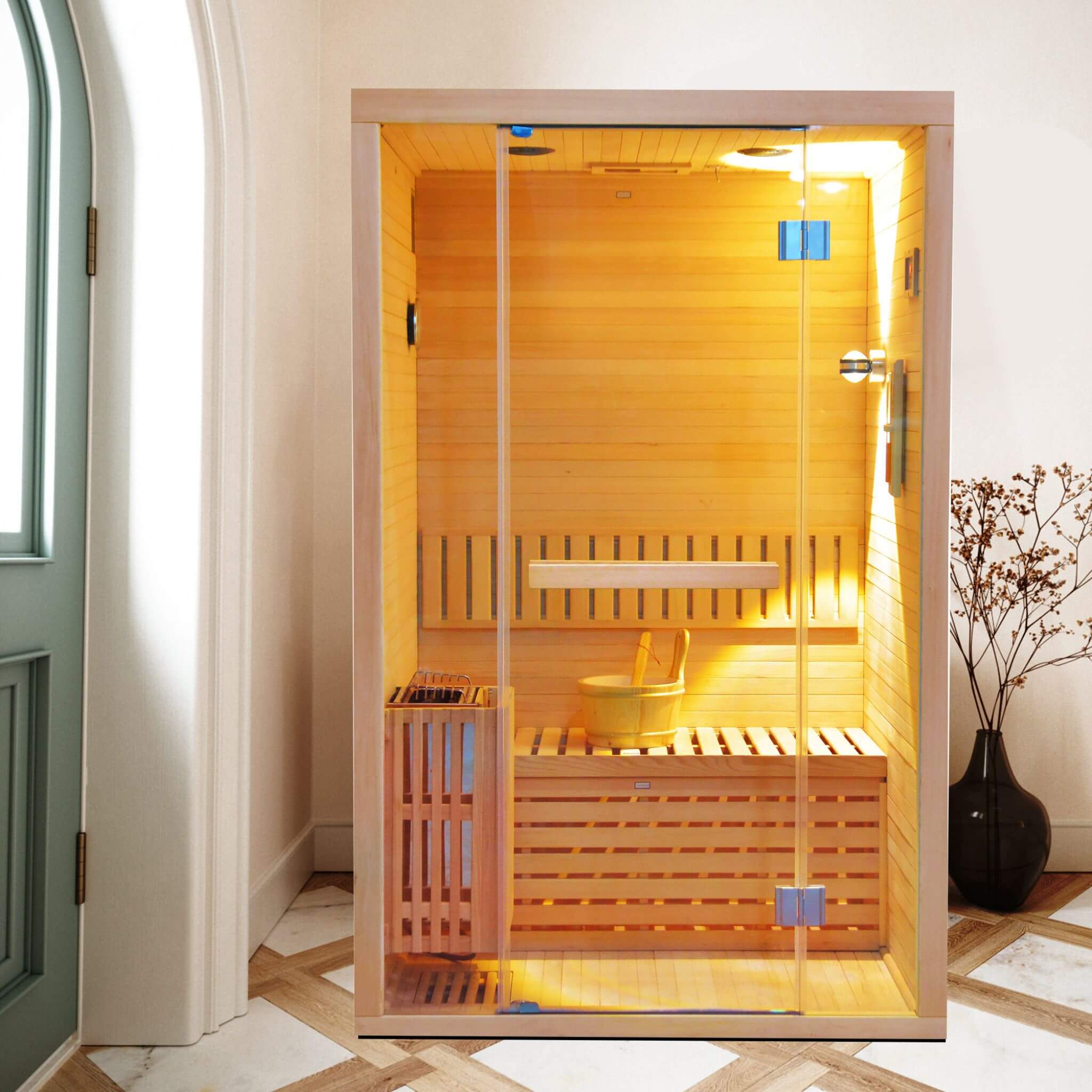Thermora Alpine Premium 2-Person 3KW Hemlock Wood Sauna With LED Wall Light