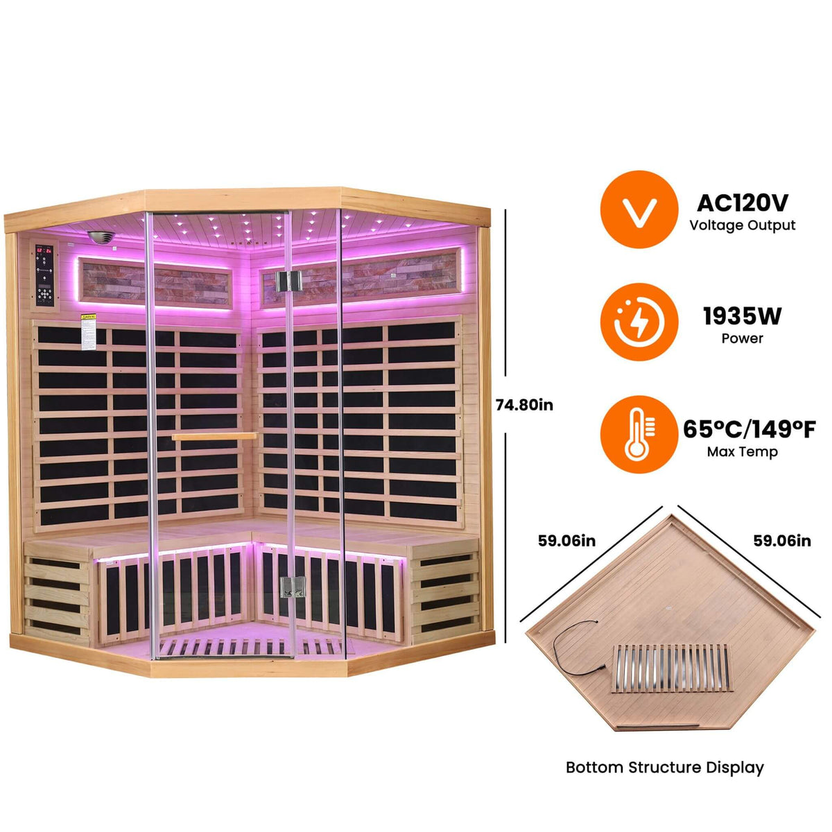 Thermora Aura Premium Canadian Hemlock Pentagonal Indoor Infrared Sauna Room With Glass Front - photo 4