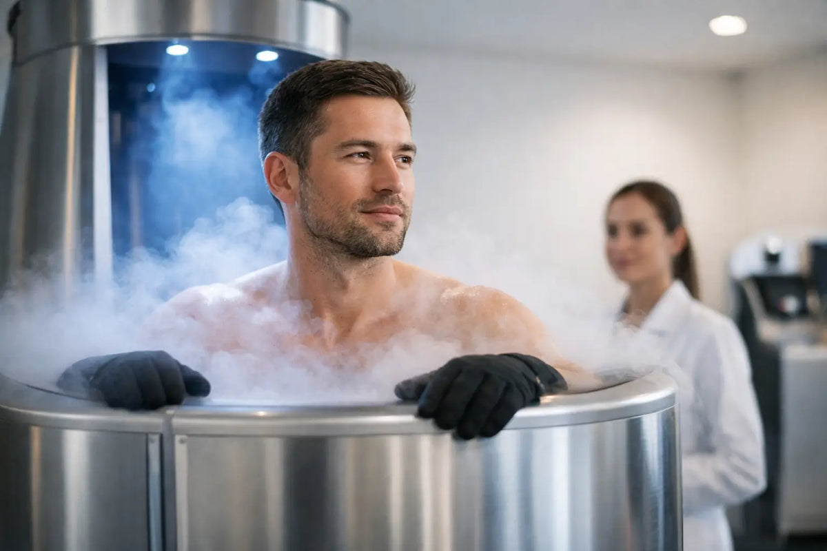 Man in whole-body cryotherapy chamber with supervising attendant, illustrating safe, monitored cold therapy session