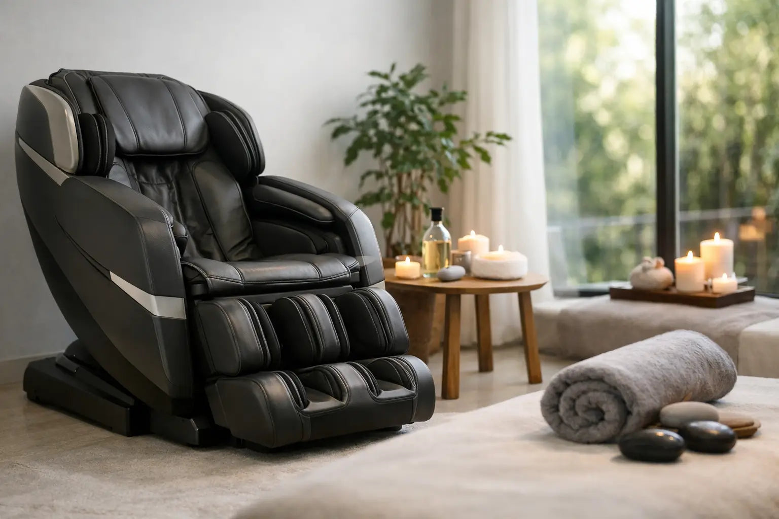 Black leather massage chair in a calming spa-style room with candles, a rolled towel, and natural light through a garden-view window