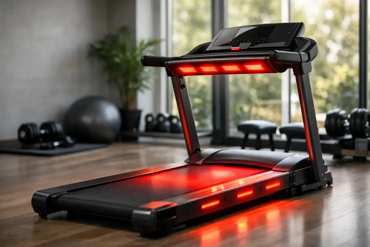 Infrared treadmill with illuminated red light panels in a modern home gym