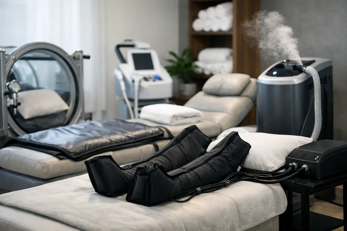 Recovery room equipment including compression boots, a hyperbaric chamber, and a steam therapy unit on treatment beds