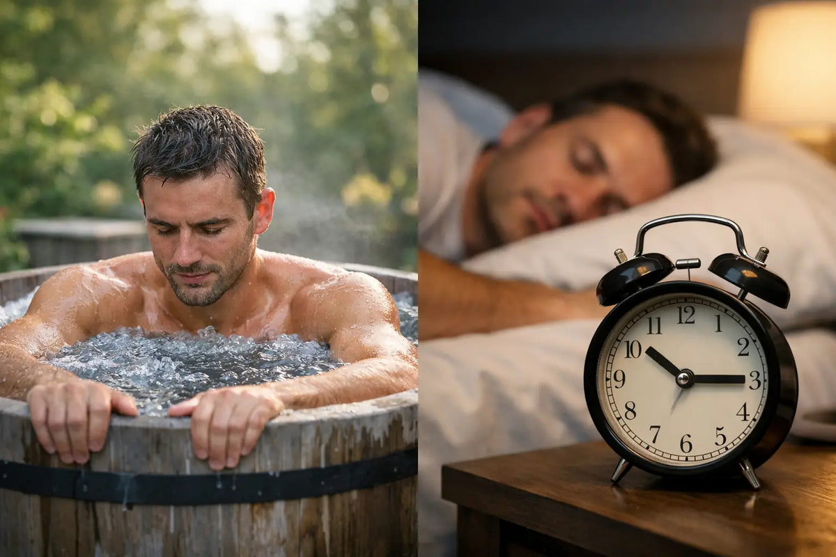 Split image showing a man cold plunging outdoors at sunrise beside an alarm clock at a sleeping man's bedside, illustrating how plunge timing affects sleep