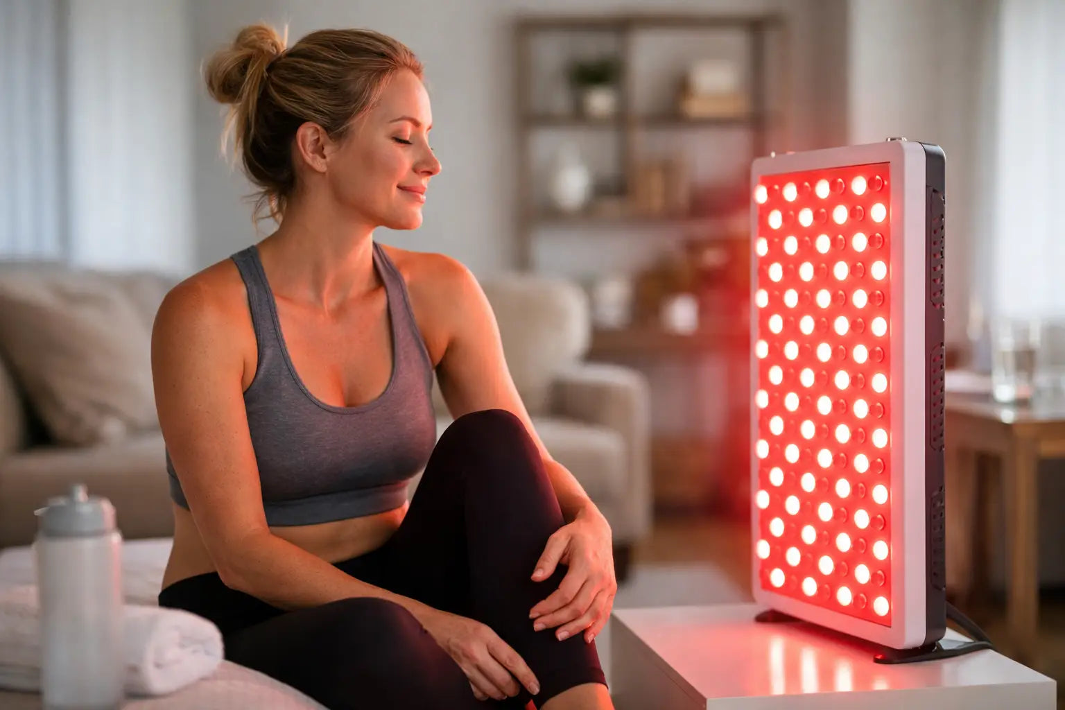 Woman using a red light therapy panel at home