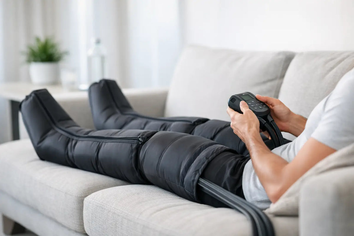 Person reclining on a couch using full-leg compression boots for circulation while adjusting the control unit