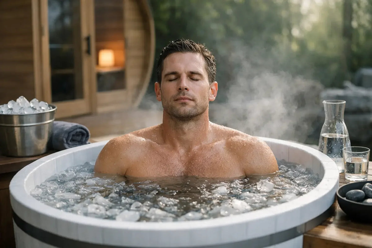 Man with eyes closed submerged in an ice-filled cold plunge tub outdoors, sauna barrel in the background](cold-plunge-recovery-ritual.jpg