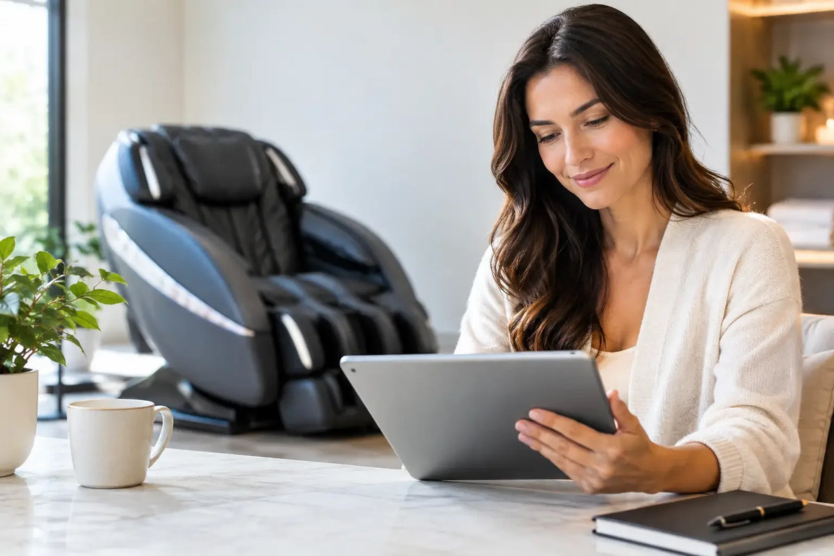 Woman reviewing wellness equipment warranty details on a tablet near a massage chair
